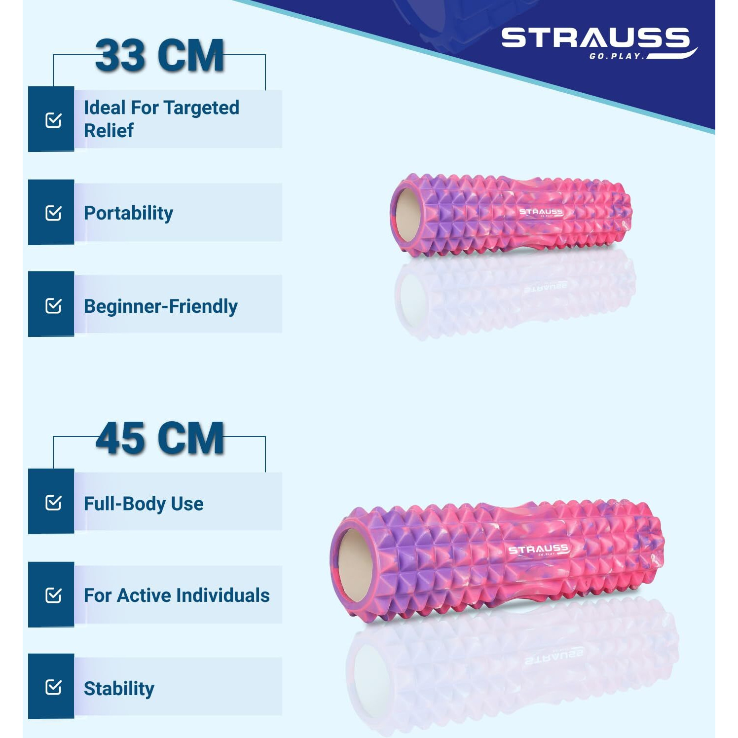 Strauss Grid Foam Roller | Eco-Friendly Spikes Foam Roller | Premium Eva Foam | Light Weight & Travel-Friendly Foam Roller for Relieve Muscle Tightness, Soreness & Inflammation ,45 CM (Multicolor Pink)