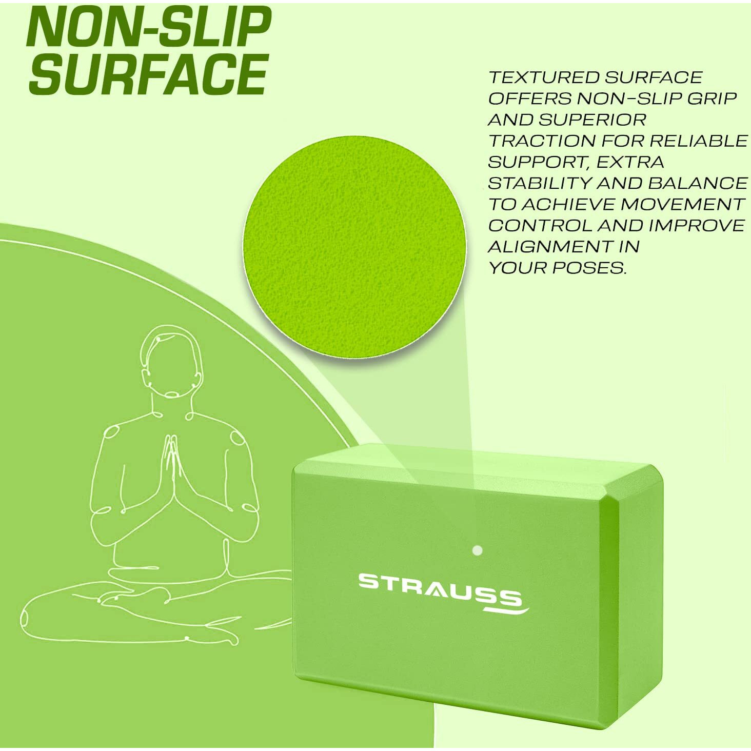 Strauss High Density EVA Foam Yoga Block | Non-Slip Workout Brick For Improving Poses, Balances Flexibility & Support Strength Training Exercises | Yoga Brick To Support and Deepen Yoga Poses,(Green), Pair