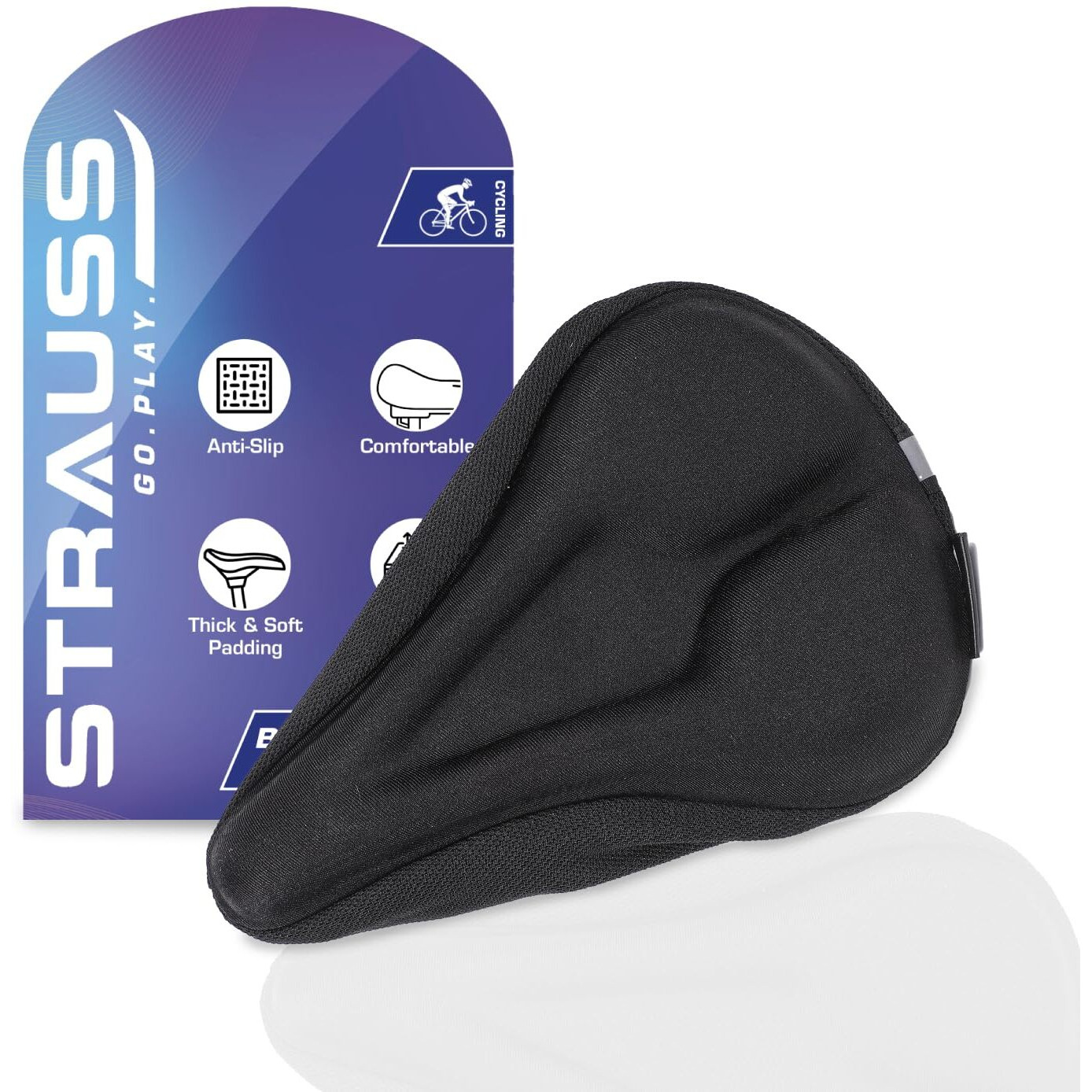 STRAUSS Bicycle Premium Saddle Seat Cover with Anti-Slip Granules & Extra Soft, Thick Padding | Superior Comfort, Breathable Design | Comes with Adjustable Rope Straps & Fits all Cycles, (Black)