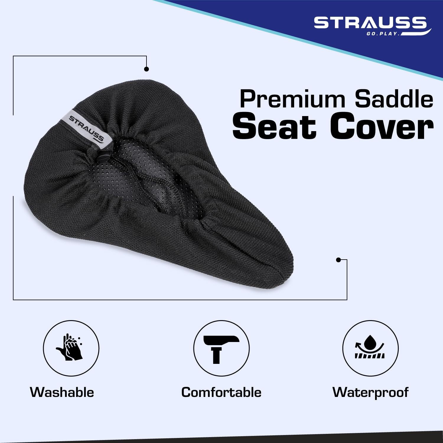 STRAUSS Bicycle Premium Saddle Seat Cover with Anti-Slip Granules & Extra Soft, Thick Padding | Superior Comfort, Breathable Design | Comes with Adjustable Rope Straps & Fits all Cycles, (Black)