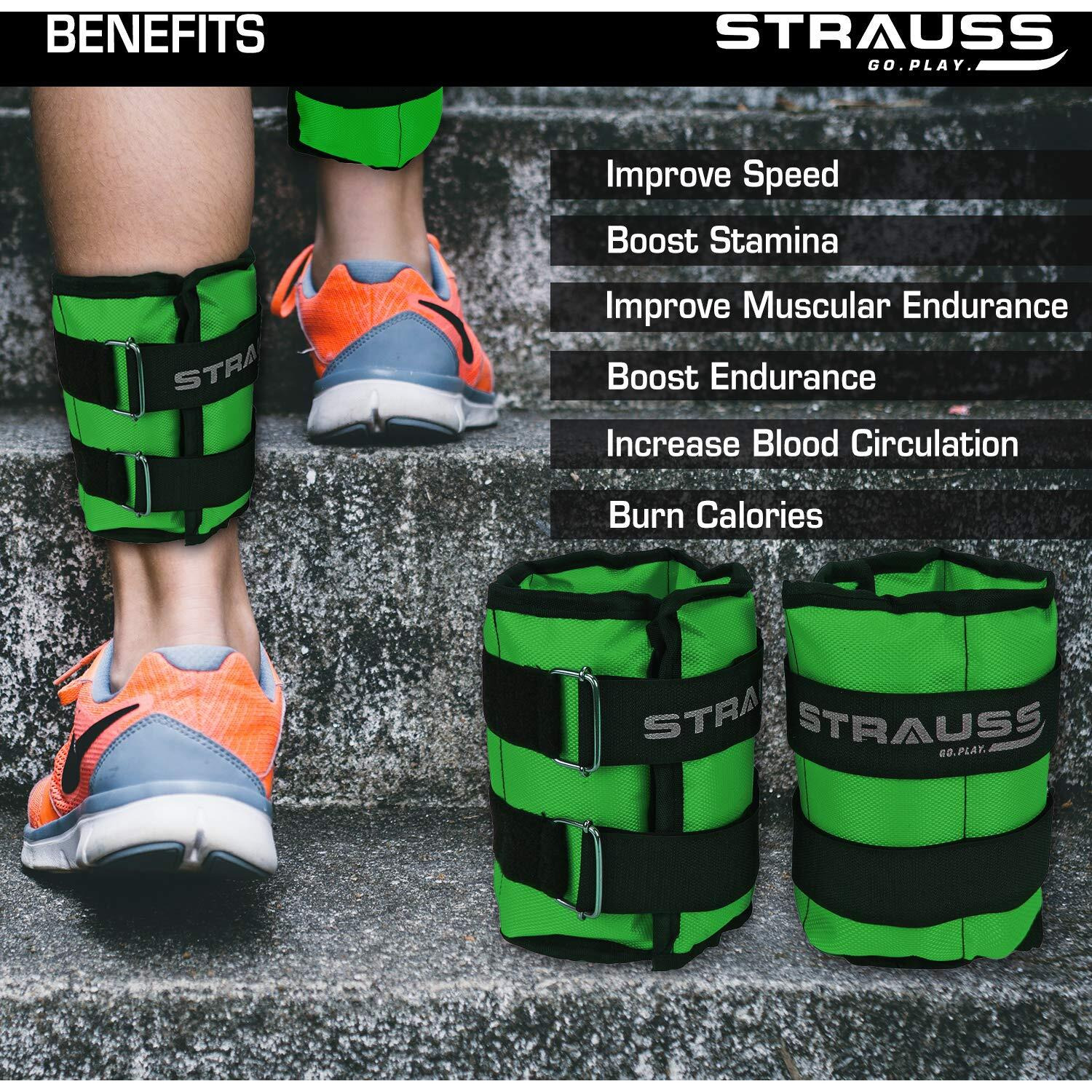 Strauss Adjustable Ankle Wrist Weights 2 KG X 2 | Ideal for Walking, Running, Jogging, Cycling, Gym, Workout & Strength Training | Easy to Use on Ankle, Wrist, Leg, (Green)