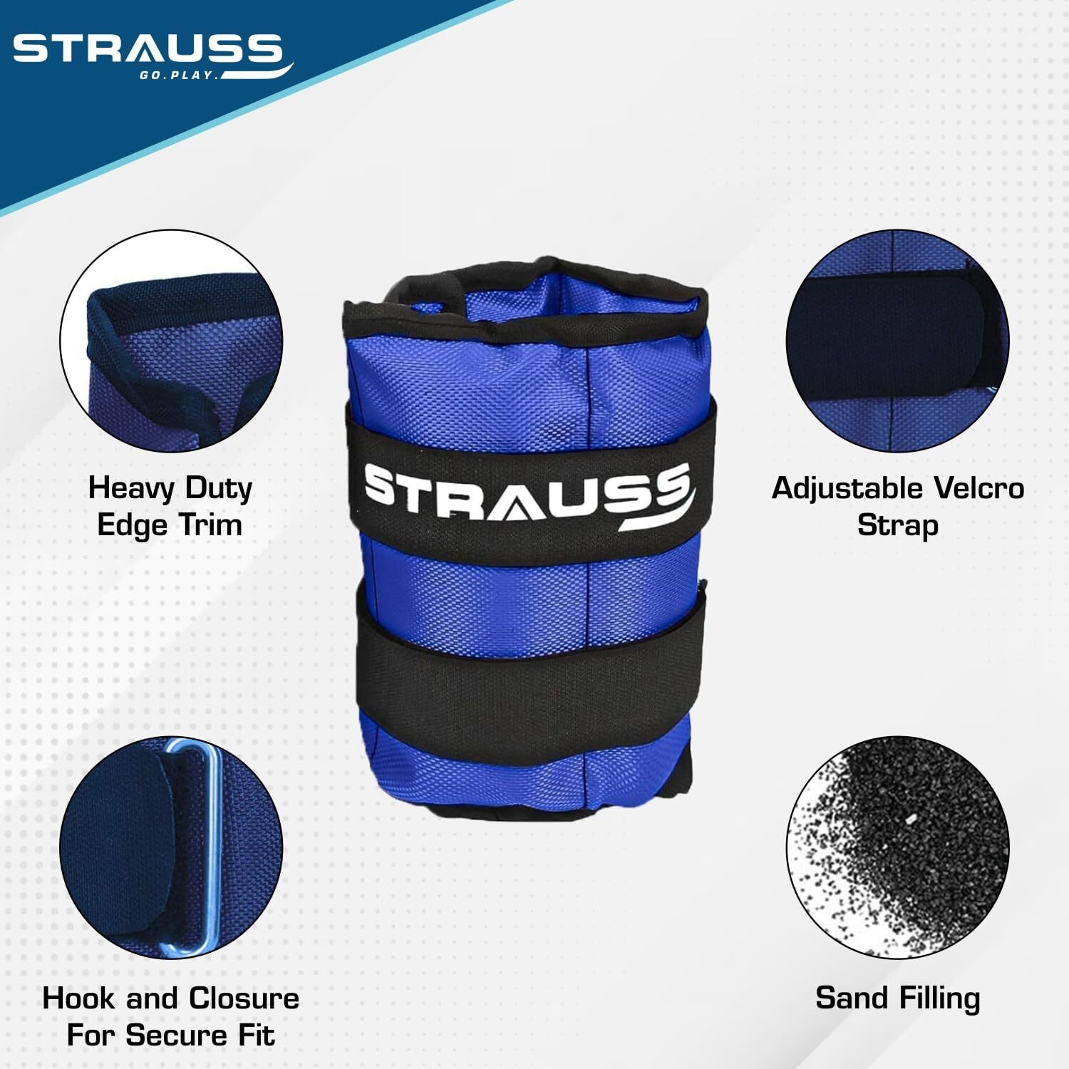 Strauss Adjustable Ankle Wrist Weights 1.5 KG X 2 | Ideal for Walking, Running, Jogging, Cycling, Gym, Workout & Strength Training | Easy to Use on Ankle, Wrist, Leg, (Blue)