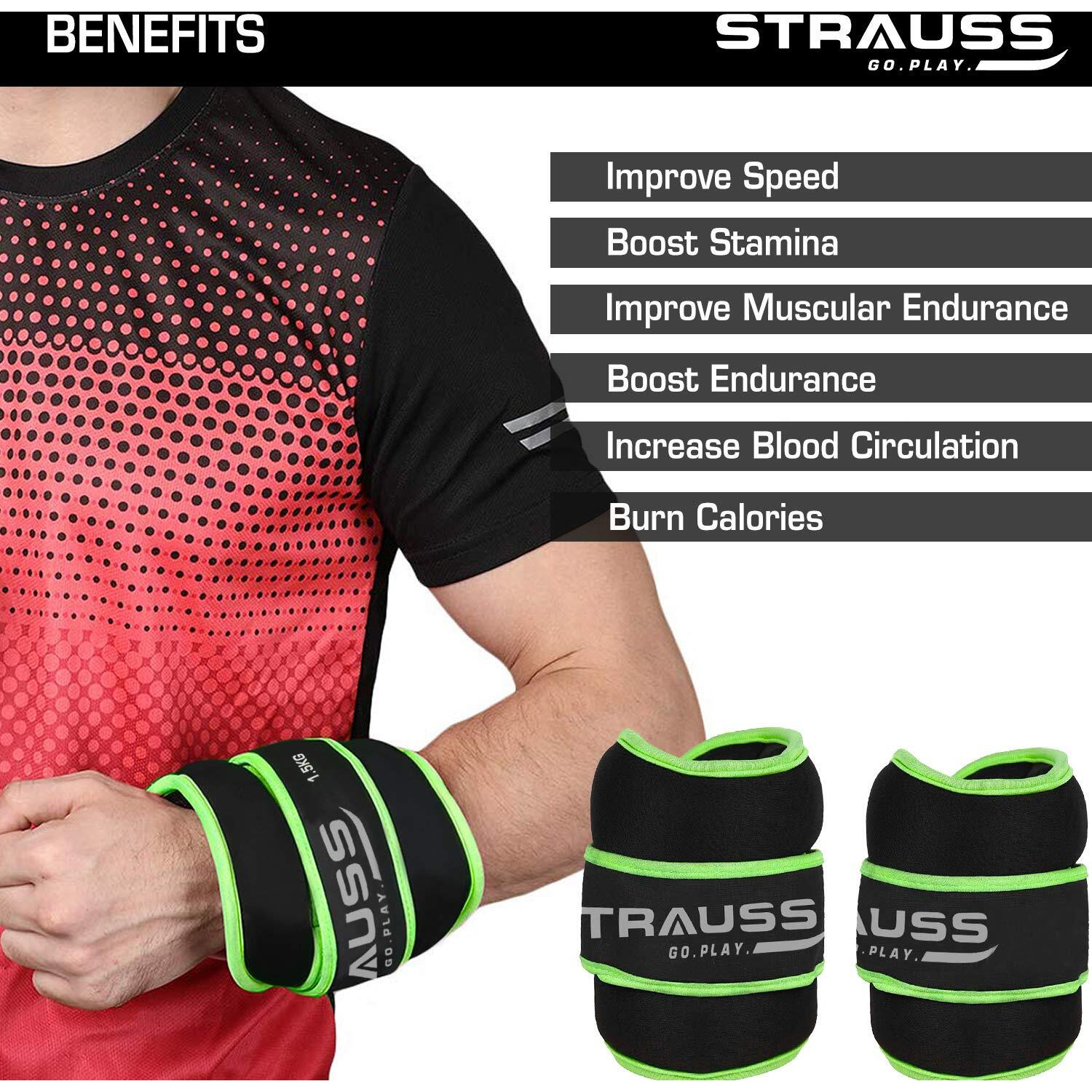 Strauss Ankle Weights for Exercise & Fitness|Adjustable Round Belt Design|Leg Weights for Strength Training,Walking Running,Jogging,Exercise & Gym Workout|Comfortable & Durable|1.5Kg(Each)(Green Pair)