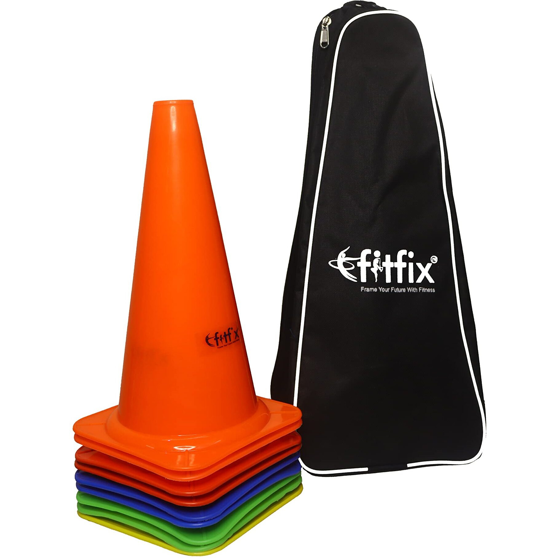 Fitfix Agility Marker Plastic Cones for Soccer, Cricket, Training Traffic Cone, Dog Agility Soccer Cricket Track and Field Sports and Outdoor Agility Training - Multicolor Soccer Cricket Track and Field Sports (Pack of 12) (Height 12 Inches - Large) with strong STORAGE CARRY BAG