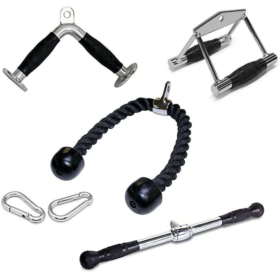 M ART Triceps Rope Handle | Triceps Straight LAT Bar | Triceps V Shaped Handle Bar | Rowing Handle | Safety Hooks | Combo Pack With Grip.