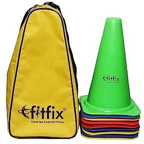 Fitfix Agility Marker Plastic Cones - Multicolor Sports Training Set (Pack of 12) - Ideal for Soccer, Cricket, Track and Field, Dog Agility - Includes Strong Storage Carry Bag - 6-Inch Height, Small Size