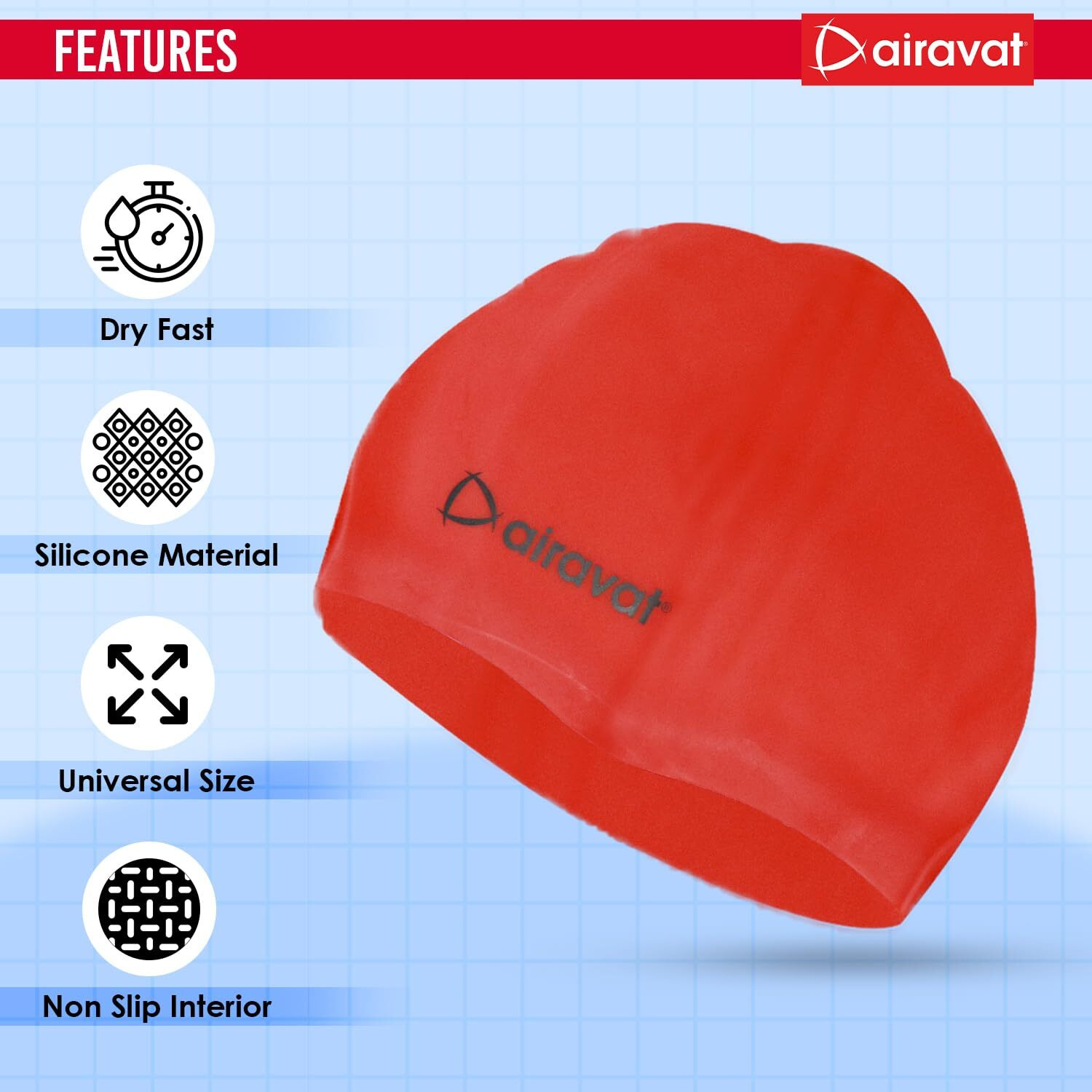 Airavat Basic Swim Cap, 001 Silicone Swim Cap, Comfortable Bathing Cap Ideal for Curly Short Medium Long Hair, Swimming Cap for Women and Men (Red)