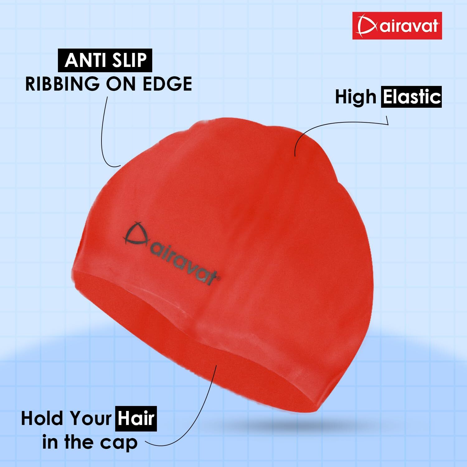 Airavat Basic Swim Cap, 001 Silicone Swim Cap, Comfortable Bathing Cap Ideal for Curly Short Medium Long Hair, Swimming Cap for Women and Men (Red)