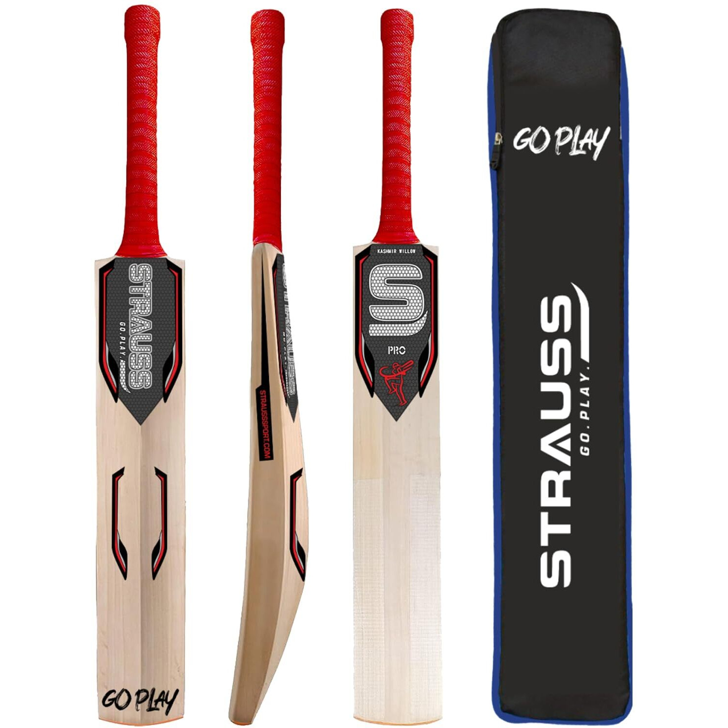 STRAUSS Pro Kashmir Willow Cricket Bat | Size Short Handle (SH) | Suitable for Leather Tennis Ball | Age group 13+ yrs | for Youth Adults | Anti Scuff Sheet & Bat Cover | Red | (1050-1200 Grams)