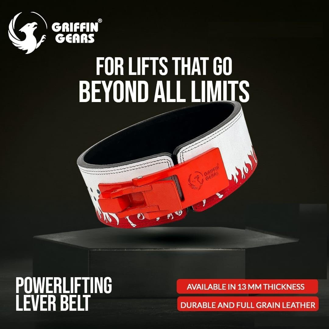 GRIFFIN GEARS Powerlifting Lever Gym Black Buckle With Red Fire Belt Power 10MM Extreme Heavy Duty Genuine Leather Belts-Squats Deadlifts Bodybuilding Weight Lifting IPF Strongman for Men (Large38 -46 )