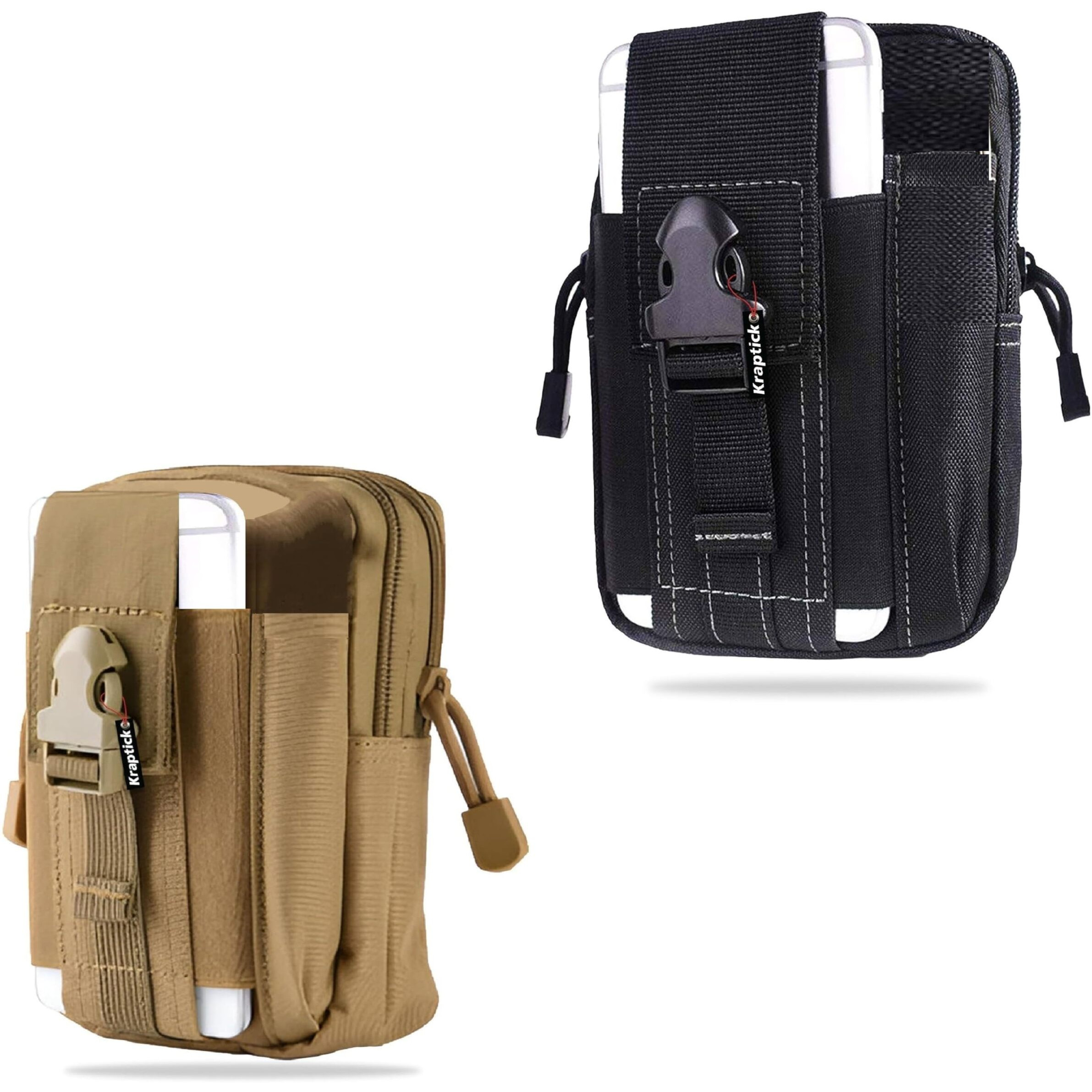 Kraptick Multi-Purpose Water Resistant Waist Bag with Dual Compartment, Waist Bag Mobile Phone Holder, Waist Pack for Men, Women Camping Hiking Pouch (Beige & Black) (Combo of 2)