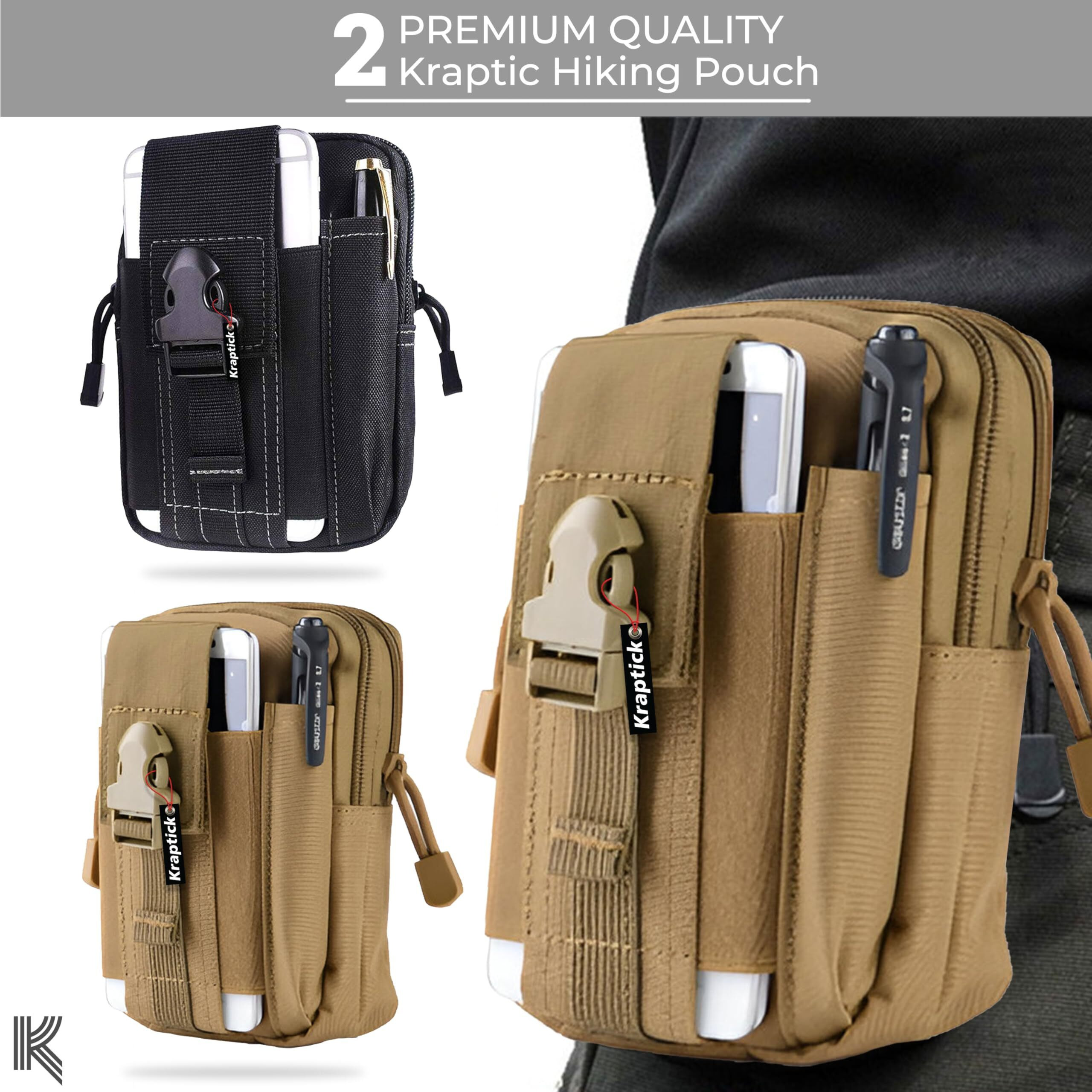 Kraptick Multi-Purpose Water Resistant Waist Bag with Dual Compartment, Waist Bag Mobile Phone Holder, Waist Pack for Men, Women Camping Hiking Pouch (Beige & Black) (Combo of 2)