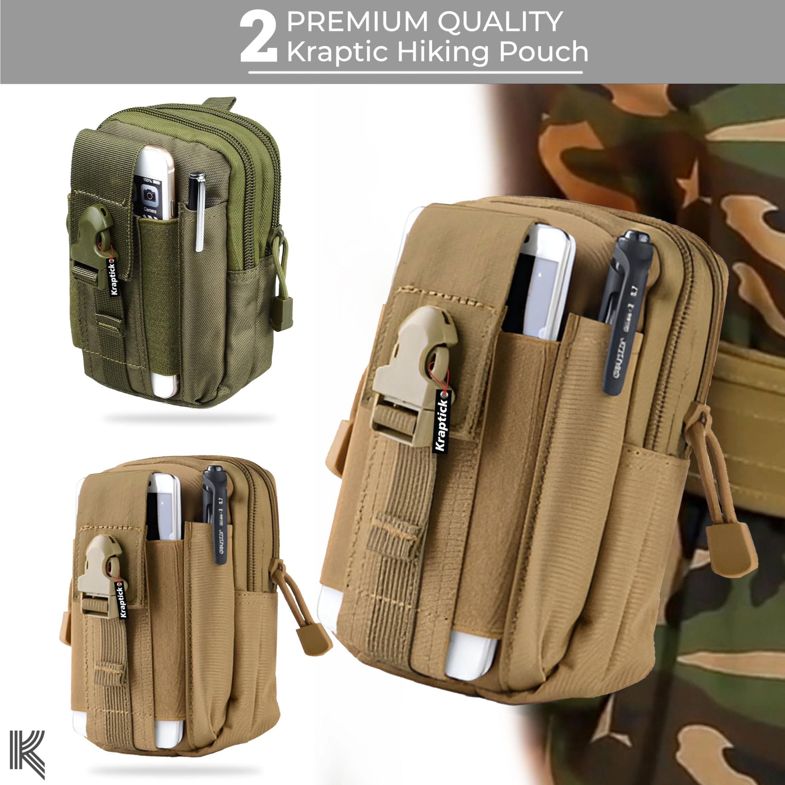 Kraptick Multi-Purpose Water Resistant Waist Bag with Dual Compartment, Waist Bag Mobile Phone Holder, Waist Pack for Men, Women Camping Hiking Pouch (Army Green & Beige) (Combo of 2)