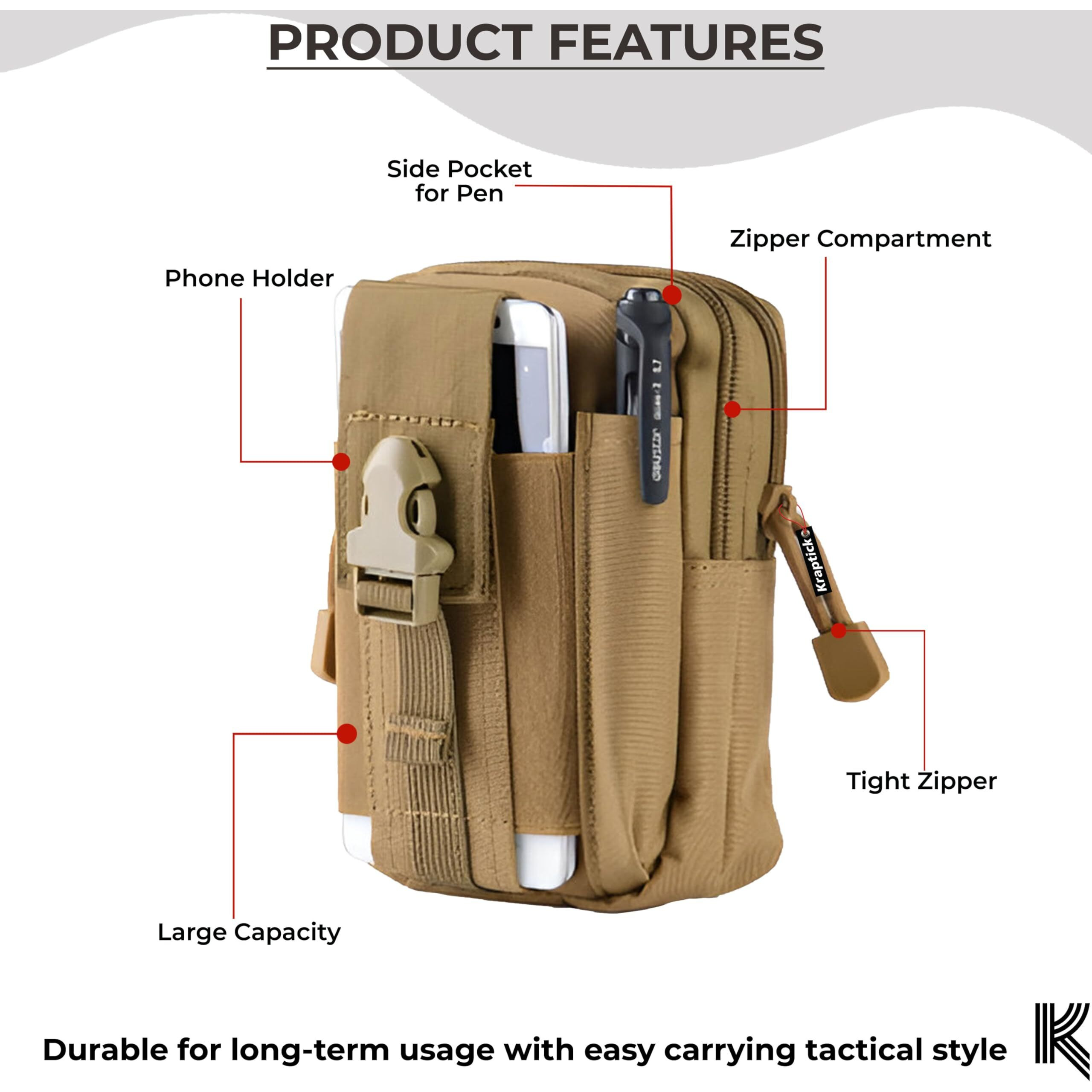 Kraptick Multi-Purpose Water Resistant Waist Bag with Dual Compartment, Waist Bag Mobile Phone Holder, Waist Pack for Men, Women Camping Hiking Pouch (Army Green & Beige) (Combo of 2)