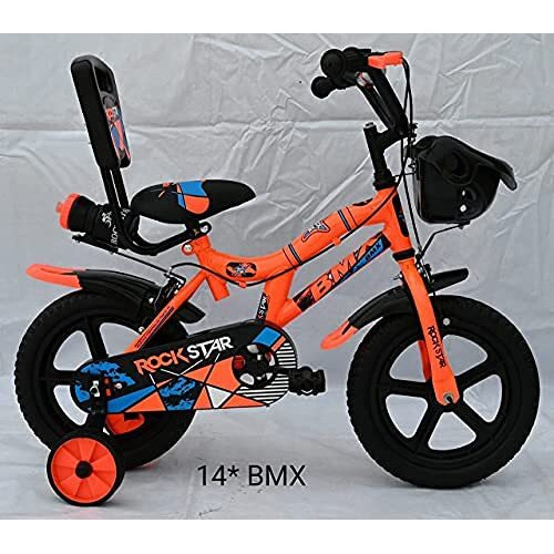 ROCKSTAR 14 inch Sports Kids Cycle for Boys & Girls 3 to 5 Years with Training Wheels (Orange)
