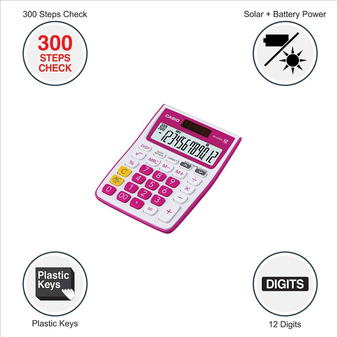 Casio MJ-12VCb-RD 300 Steps Check & Correct Colourful Desktop Calculator (White and Pink)
