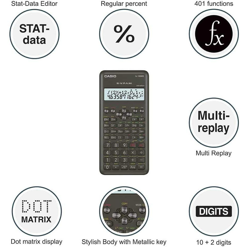 Casio FX-100MS 2nd Gen Non-Programmable Scientific Calculator, 300 Functions and 2-line Display