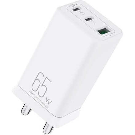 itel Newly Launched 65W GaN 3-Port Charger - Dual Type-C & USB Port | Over Voltage Protection | Wide Compatibility | Sleek & Elegant Design | White