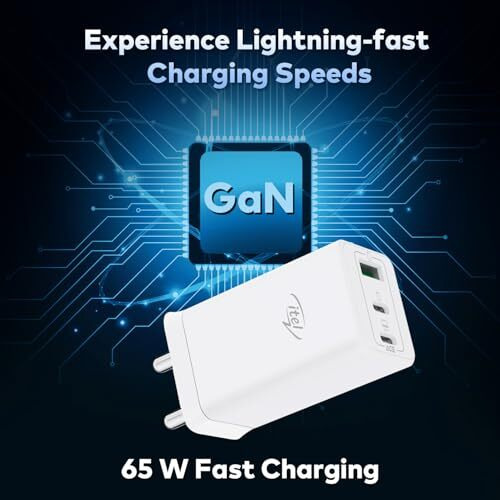 itel Newly Launched 65W GaN 3-Port Charger - Dual Type-C & USB Port | Over Voltage Protection | Wide Compatibility | Sleek & Elegant Design | White
