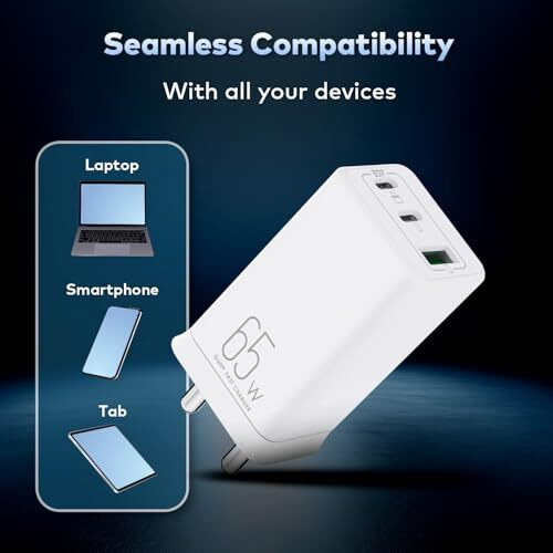 itel Newly Launched 65W GaN 3-Port Charger - Dual Type-C & USB Port | Over Voltage Protection | Wide Compatibility | Sleek & Elegant Design | White