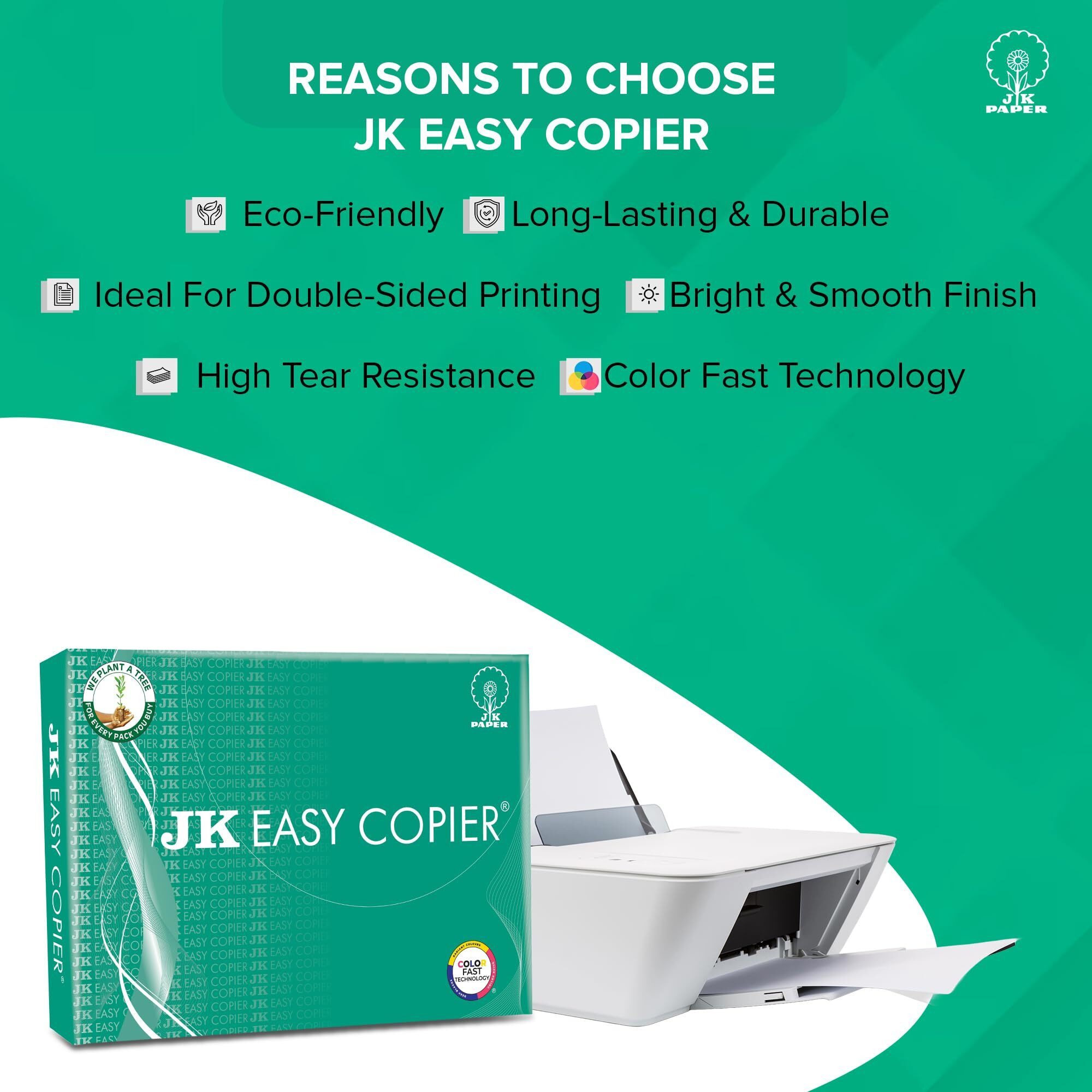 JK Easy Copier Paper | A4 Size | 70 GSM | 500 Sheets | White Paper, 1 Ream | For Laserjet & Inkjet Printer | Fast Drying | Both Side Print | Eco Friendly | ColorLok (Pack of 1) | One Ream