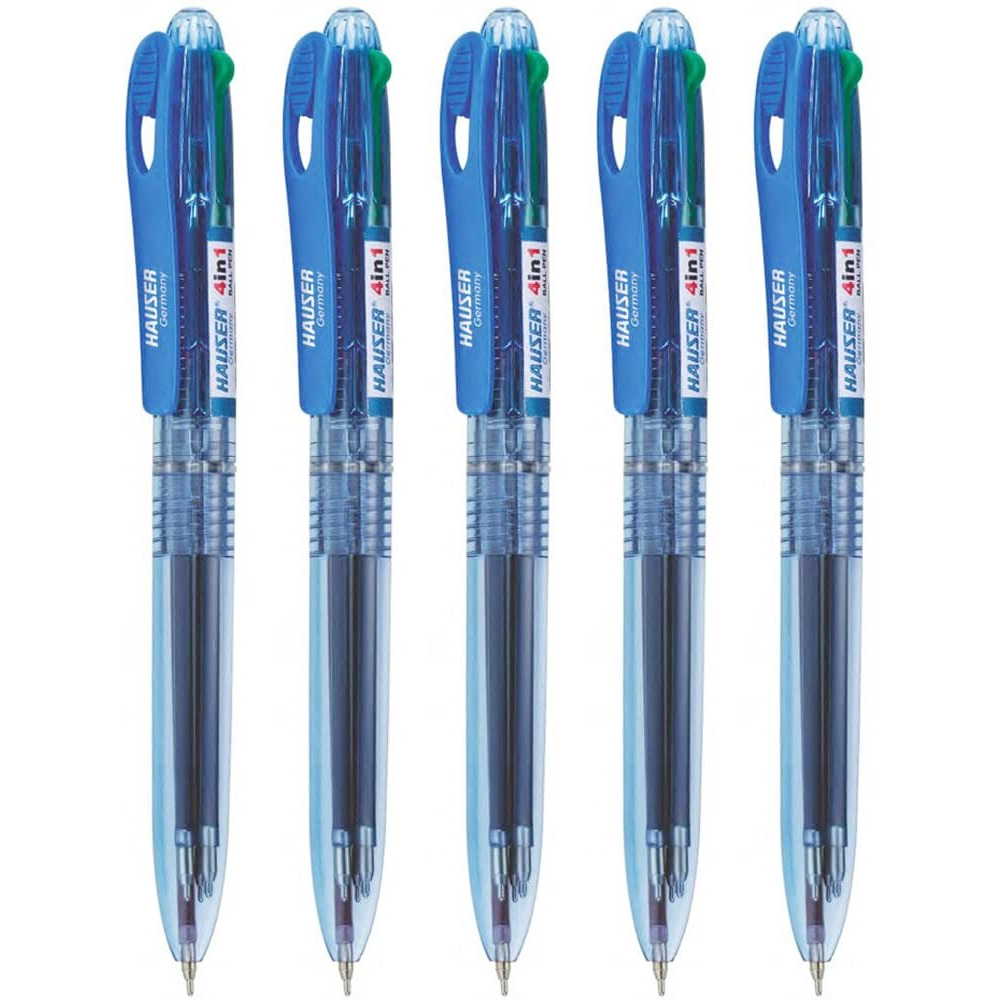 Hauser 4 In 1 Retractable Ball Pen Box | Durable Transparent Body | 4 Ink Colors In One Pen | Low Viscosity Ink System | Acu Flow Writing System | Blue, Black, Red & Green Ink, of 5 Pens