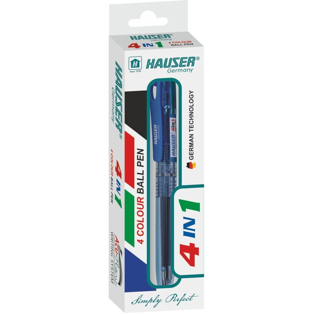Hauser 4 In 1 Retractable Ball Pen Box | Durable Transparent Body | 4 Ink Colors In One Pen | Low Viscosity Ink System | Acu Flow Writing System | Blue, Black, Red & Green Ink, of 5 Pens