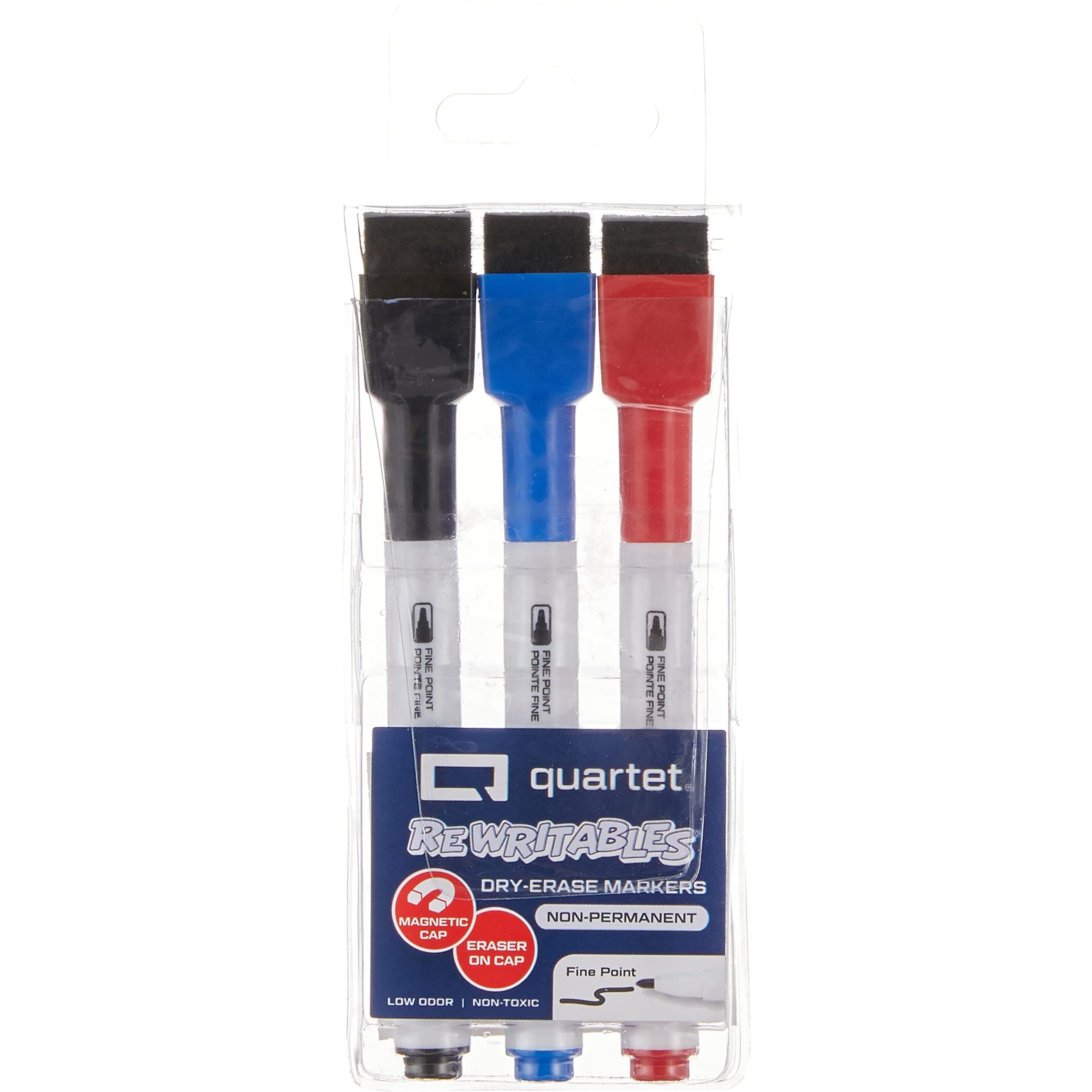 Quartet ReWritables Mini Dry-Erase Whiteboard Markers, Fine Tip, Assorted Ink Colours, Whiteboard Non-Permanent Markers with Magnetic Cap, School & Office Stationery, Pack of 3 (Multicolour)