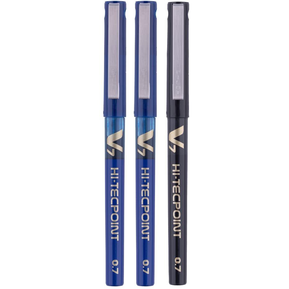 Pilot Hi-Tecpoint V7 0.7mm Fine Point Pure Liquid Ink Roller Ball Pen | Pack Of 3 (2 Blue + 1 Black)