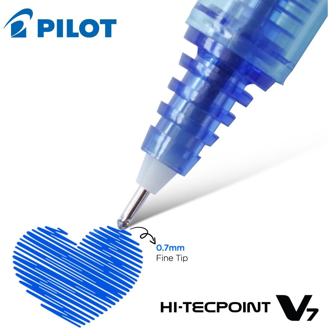 Pilot Hi-Tecpoint V7 0.7mm Fine Point Pure Liquid Ink Roller Ball Pen | Pack Of 3 (2 Blue + 1 Black)