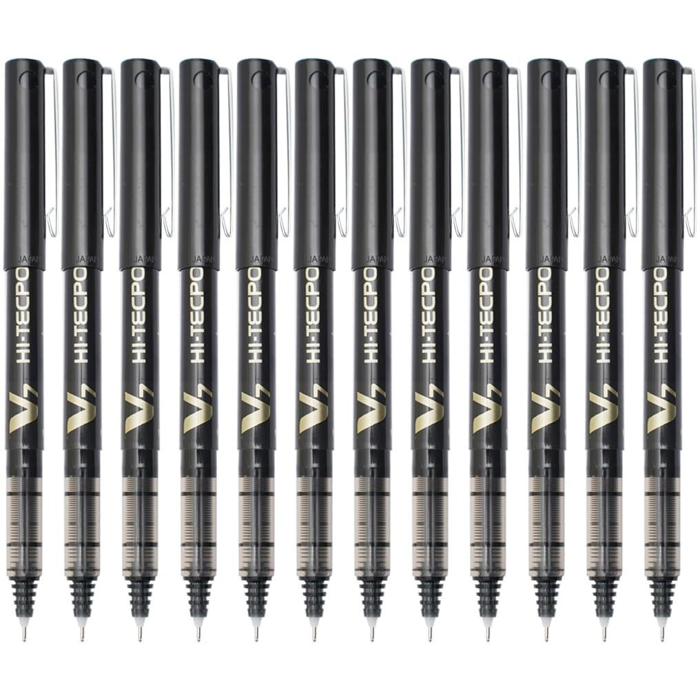 Pilot Hi-Tecpoint V7 0.7mm Fine Point Pure Liquid Ink Roller Ball Pen | Black Ink, Pack Of 12