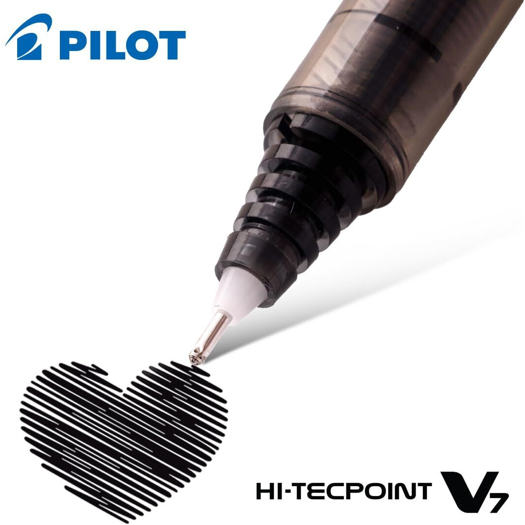 Pilot Hi-Tecpoint V7 0.7mm Fine Point Pure Liquid Ink Roller Ball Pen | Black Ink, Pack Of 12