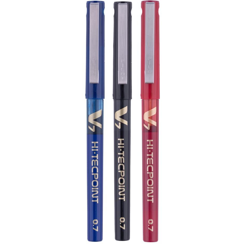 Pilot Hi-Tecpoint V7 0.7mm Fine Point Pure Liquid Ink Roller Ball Pen | Pack Of 3 (1 Blue + 1 Black + 1 Red)