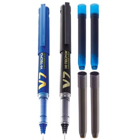 Pilot V7 Hi-tecpoint Pen with cartridge system - 1 Blue, 1 Black Pen, 2 Blue cartridges, 2 Black cartridges
