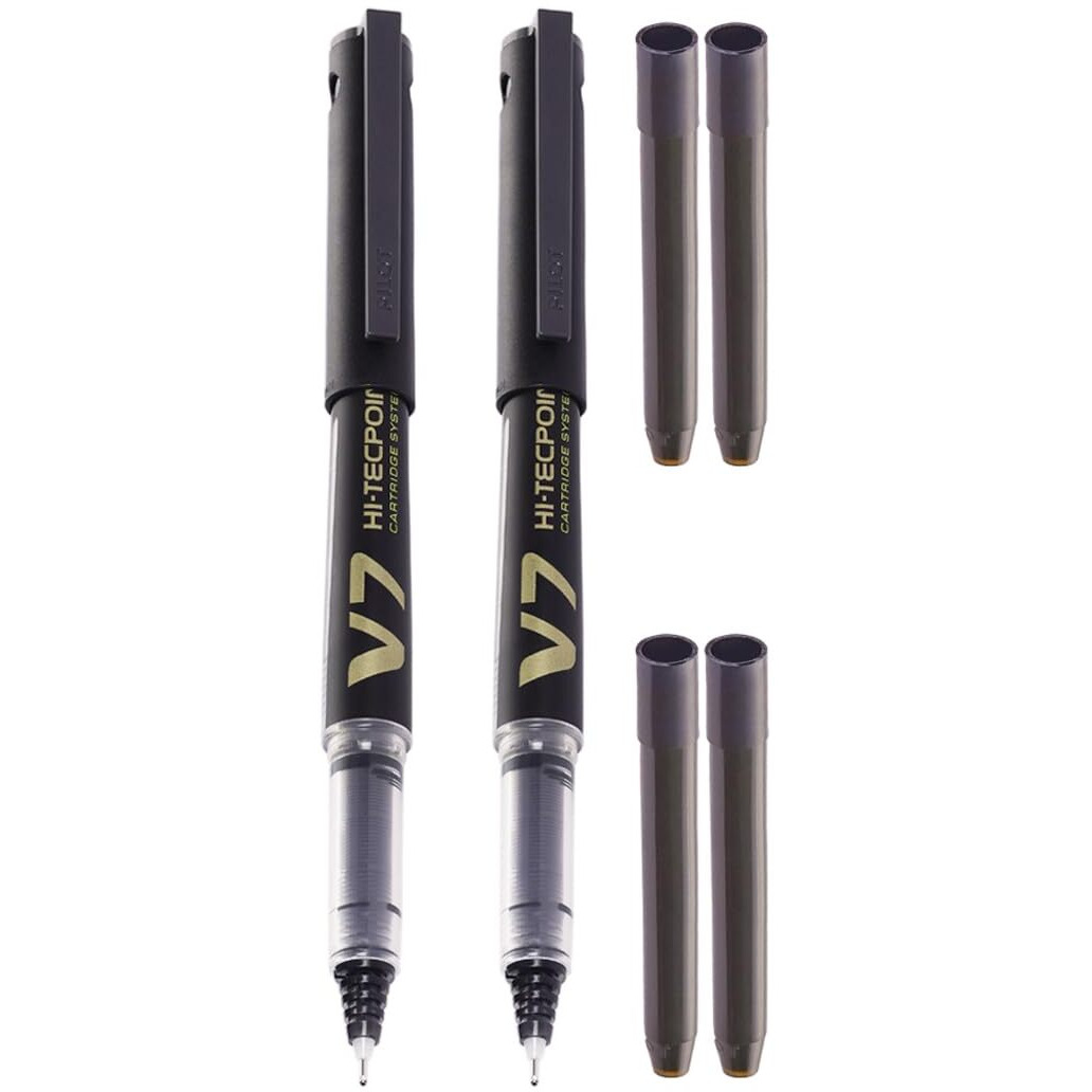 Pilot V7 Hi-Tecpoint Roller Ball Pen with Cartridge System - 2 Black Pens, 4 Black Cartridges, (9000021856)