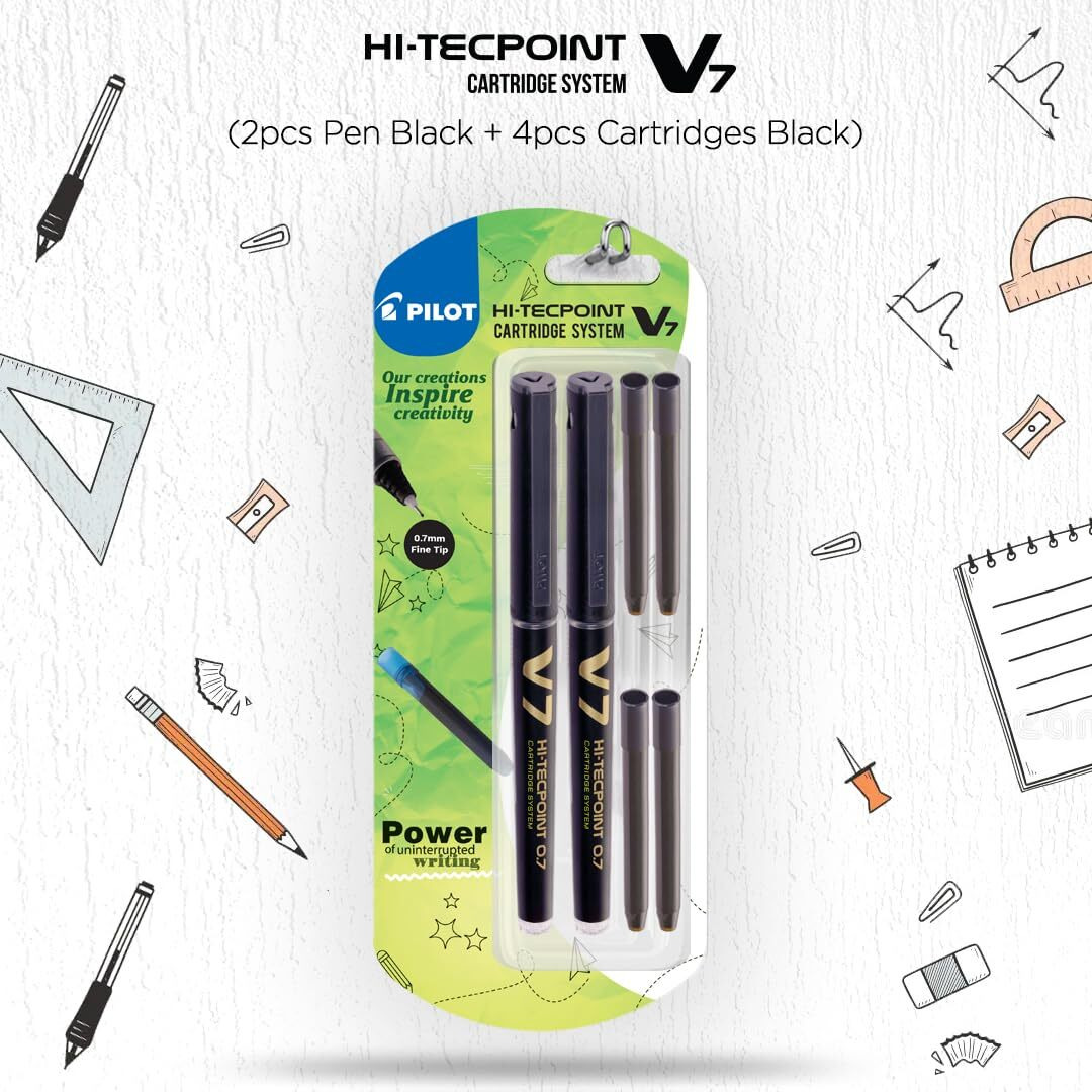 Pilot V7 Hi-Tecpoint Roller Ball Pen with Cartridge System - 2 Black Pens, 4 Black Cartridges, (9000021856)