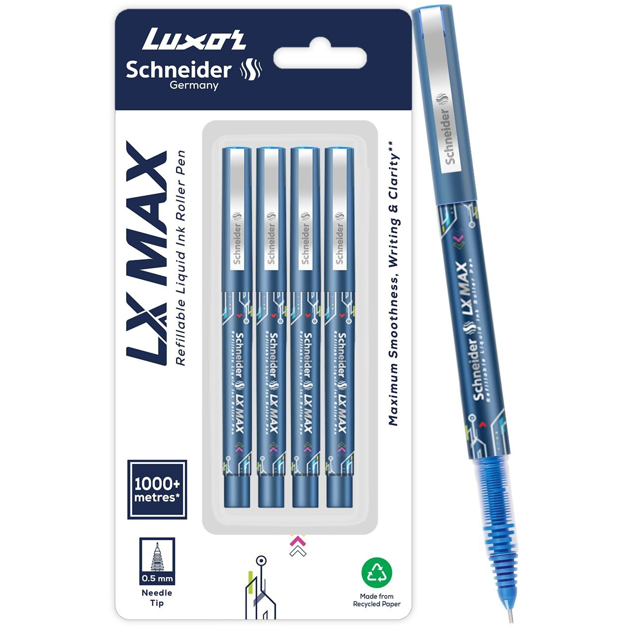 Luxor Schneider, LX MAX roller ball pen, Pack of 4 - Blue, Needle Tip, 0.5mm, 100% German Technology, 1000+ mtrs writing length, Waterproof Ink, Ideal for Students & Professionals