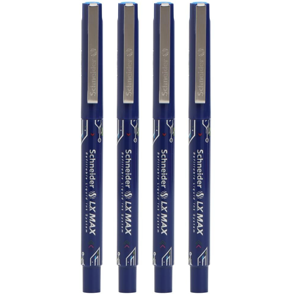Luxor Schneider, LX MAX roller ball pen, Pack of 4 - Blue, Needle Tip, 0.5mm, 100% German Technology, 1000+ mtrs writing length, Waterproof Ink, Ideal for Students & Professionals