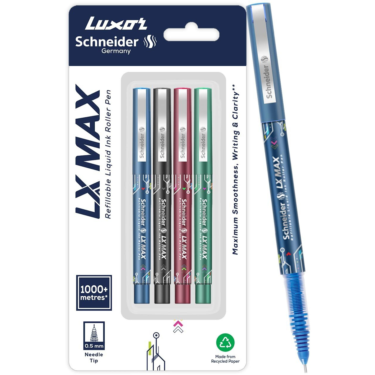 Luxor Schneider LX MAX roller ball pen, Pack of 4 - Assorted, Needle Tip, 0.5mm, 100% German Technology, 1000+ mtrs writing length, Waterproof Ink, Ideal for Students & Professionals