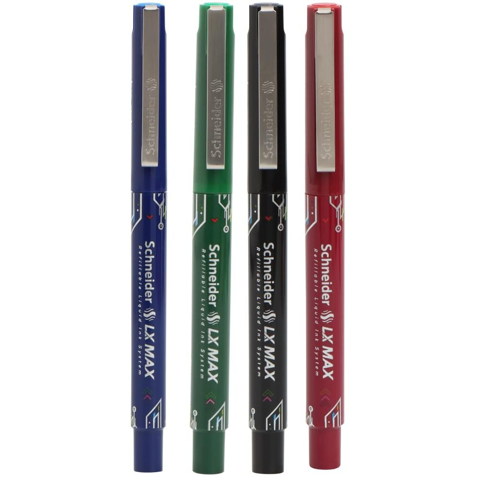 Luxor Schneider LX MAX roller ball pen, Pack of 4 - Assorted, Needle Tip, 0.5mm, 100% German Technology, 1000+ mtrs writing length, Waterproof Ink, Ideal for Students & Professionals