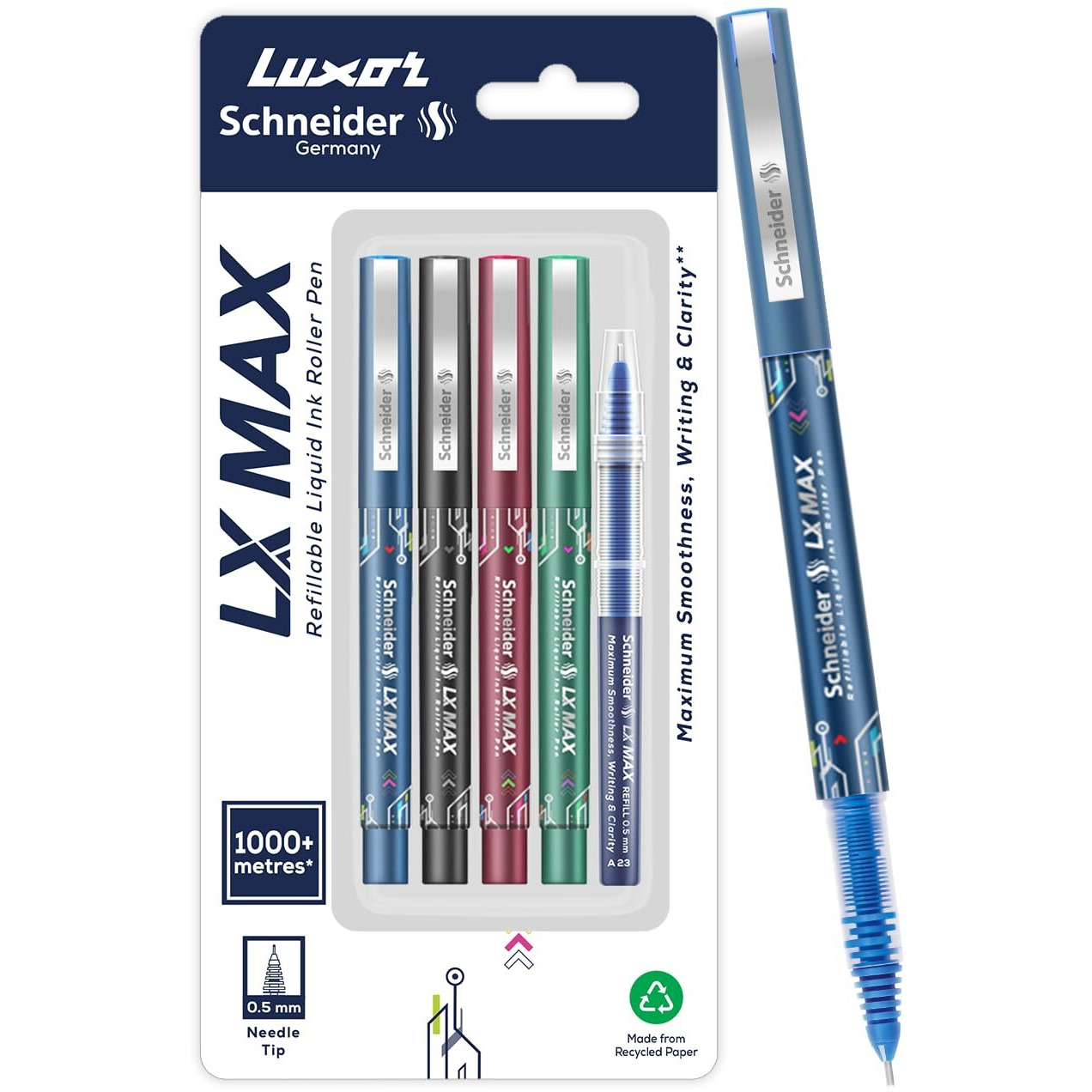 Luxor Schneider, LX MAX roller ball pen, Pack of 4-Assorted+1 Refill, Needle Tip, 0.5mm, 100% German Technology, 1000+ mtrs writing length, Waterproof Ink, Ideal for Students & Professionals
