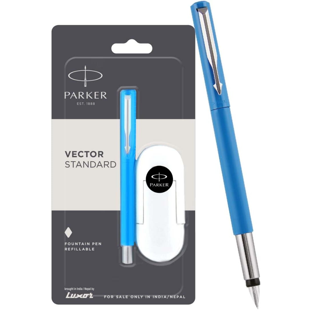 Parker Vector Standard Chrome Trim Fountain Pen | Fine Nib | Blue Body Color With 3 Free Ink Cartridge | Gift For Employees | Ideal For Professional Use