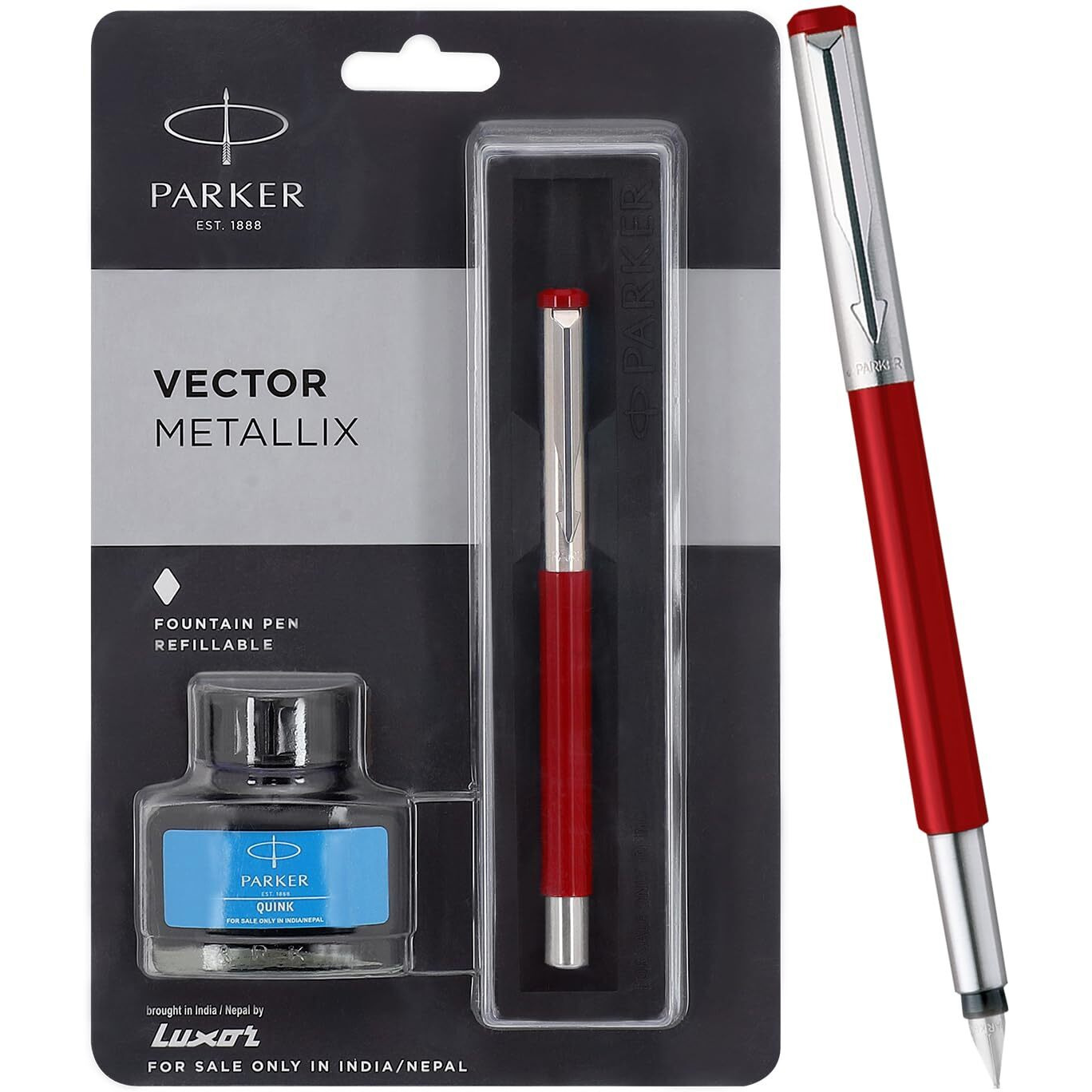 Parker Vector Metallix Fountain Pen (Fine Nib) | Red Body Color With Quink Ink Bottle | Gifts For Employees | Ideal For Corporate Use