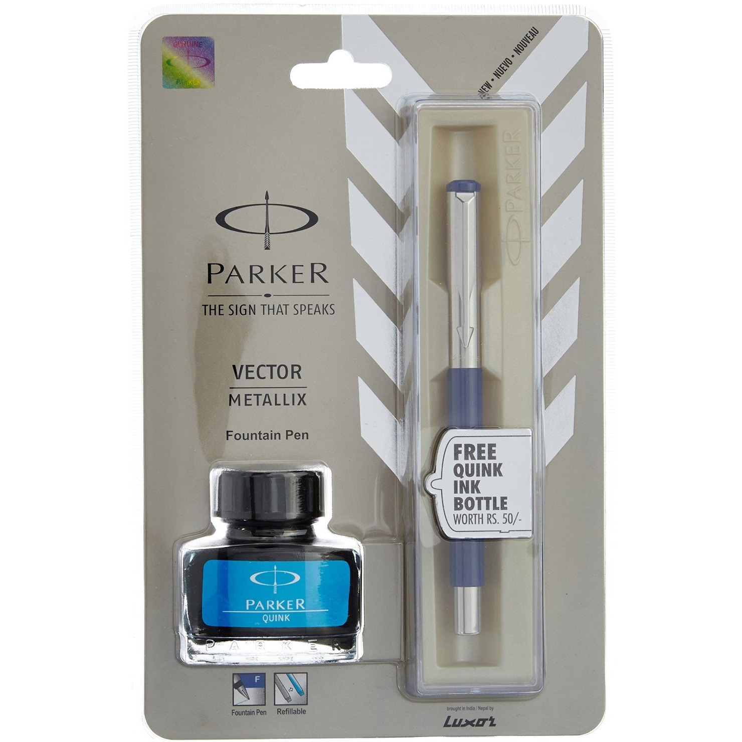 Parker Vector Metallix Chrome Trim Fountain Pen (Fine Nib) | Blue Body Color with Quink Ink Bottle | Novel Gifts for Professionals| Ideal for Corporate Use