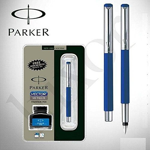 Parker Vector Metallix Chrome Trim Fountain Pen (Fine Nib) | Blue Body Color with Quink Ink Bottle | Novel Gifts for Professionals| Ideal for Corporate Use