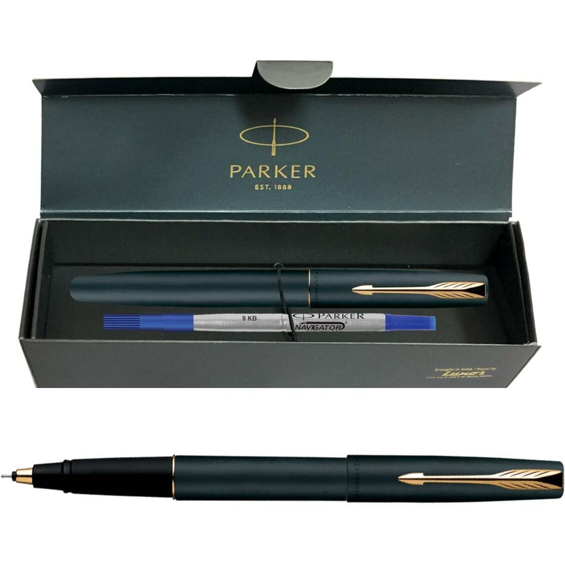 Parker Frontier Matte Black Gold Trim Roller Ball Pen| Ink Color - Blue | Perfect For Employees | Unique Gifts For Entrepreneurs