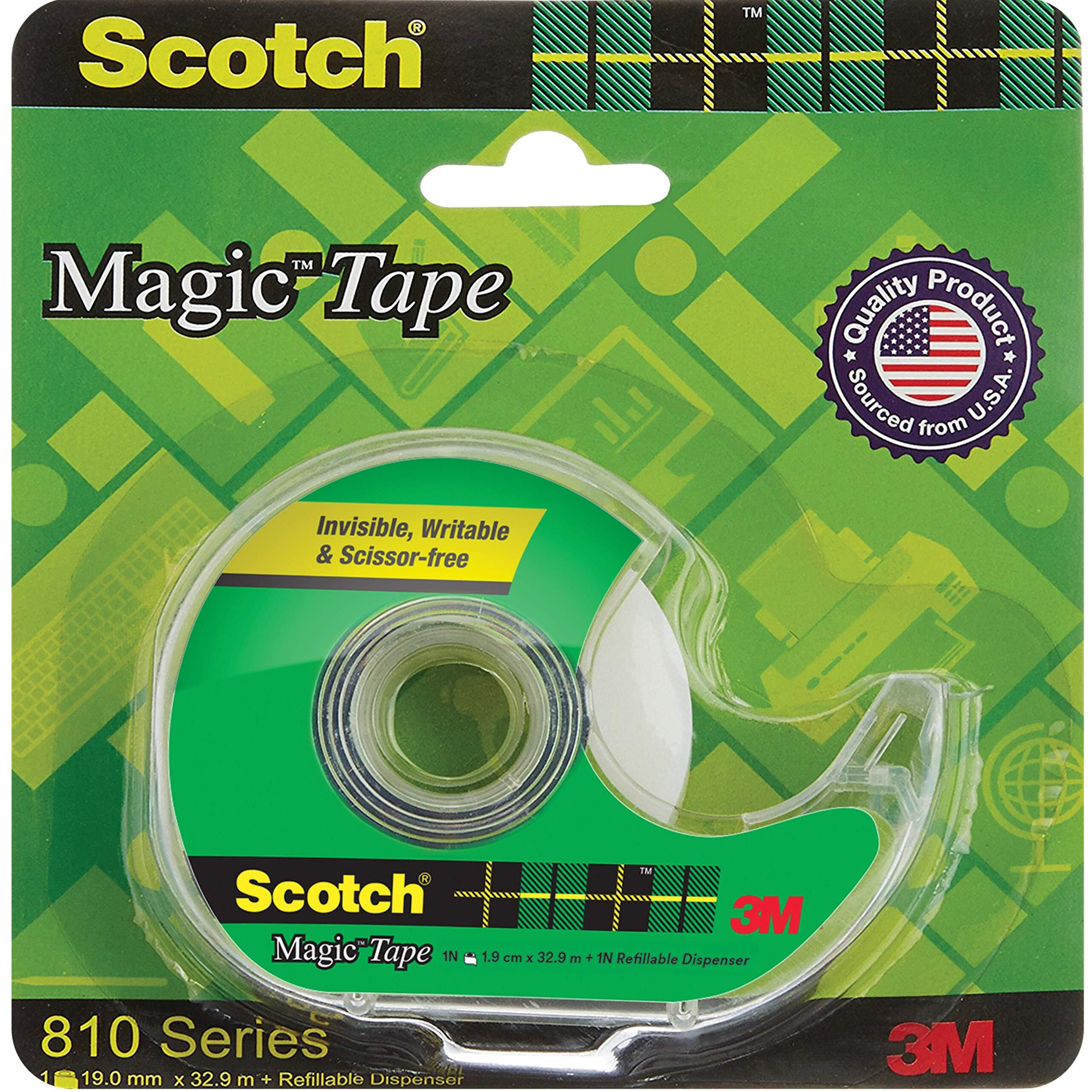 3M Scotch Magic Tape Roll with Refillable Dispenser | 1.9cm x 32.9 meter | Invisible, writable and hand tearable | For school projects, home and office use