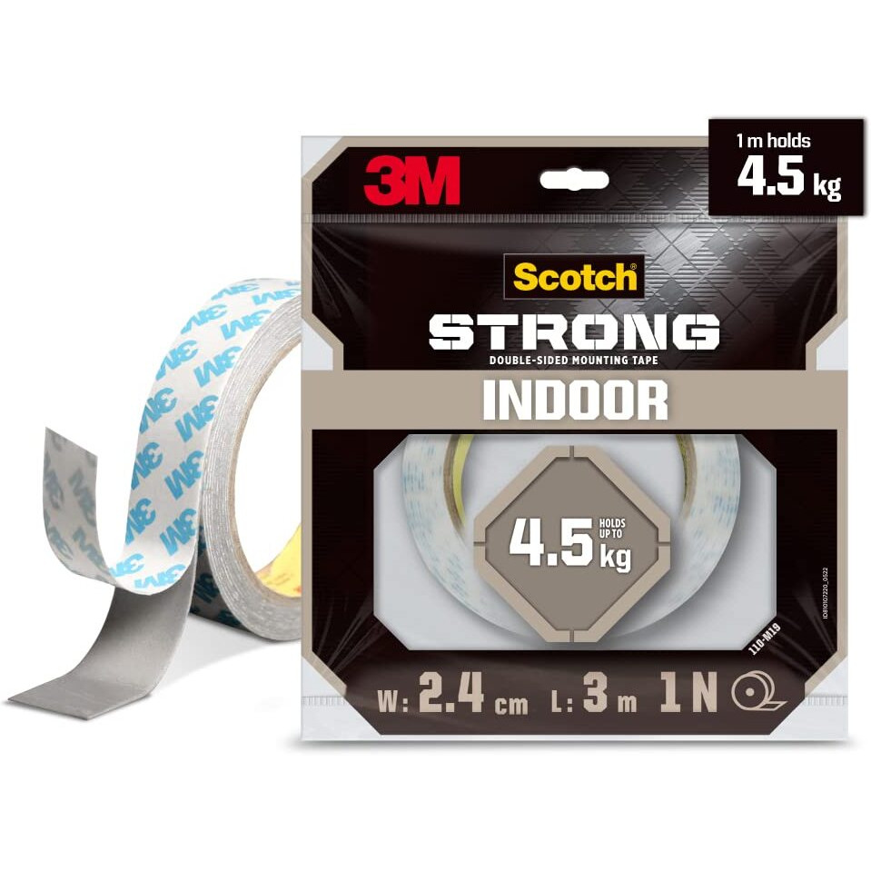 Scotch Double Sided Tape by 3M (1m holds 4.5Kgs) for indoor hanging applications (Photo frames, Mirrors, Key Holders, Car Interiors, Extension Boards, Wall decoration, etc)(L 3m, W 24mm), grey