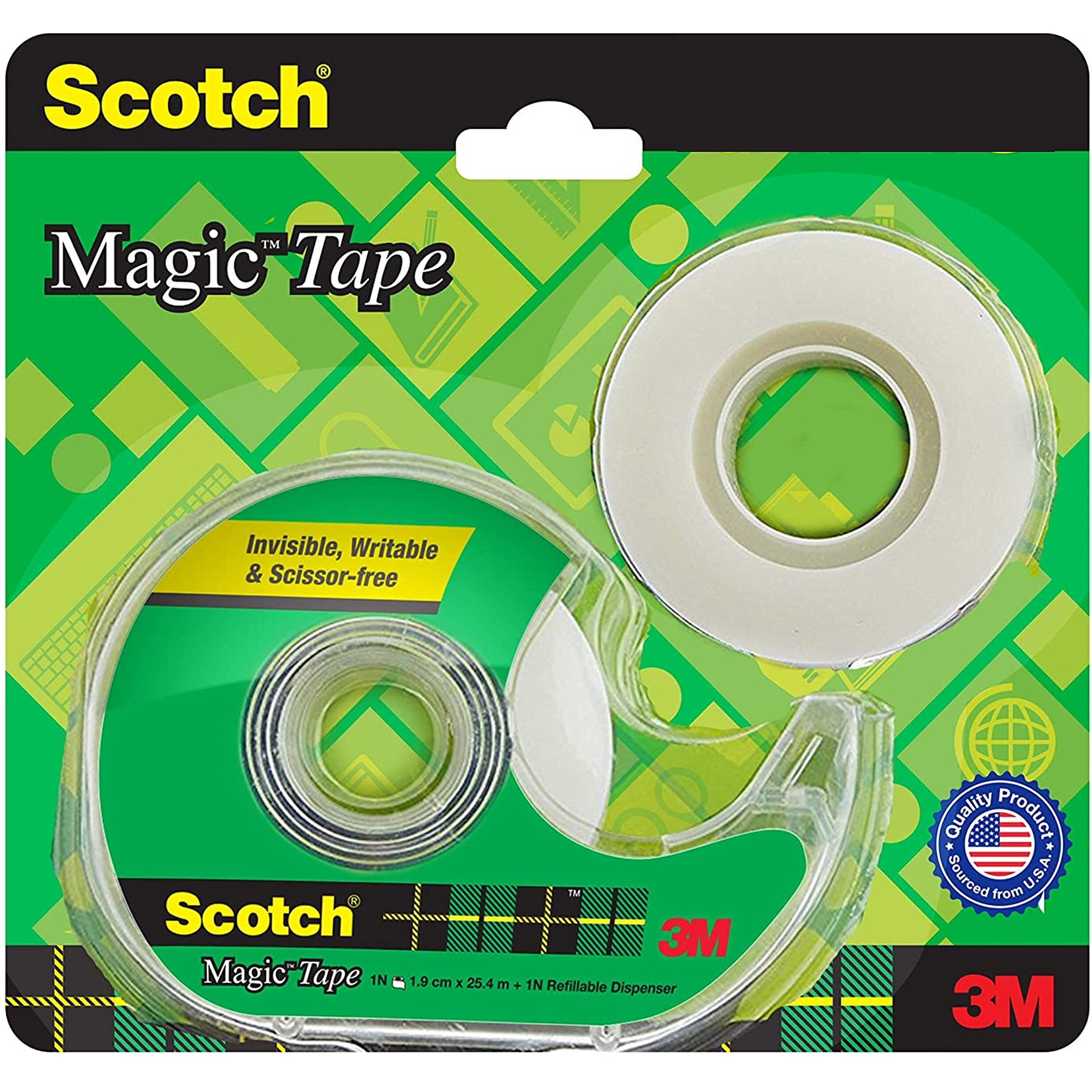 Scotch 3M Magic Tape Roll (2N) with Refillable Dispenser | 1.9cm x 25.4 Meter | Invisible, writable and Hand tearable | for School Projects, Home and Office use
