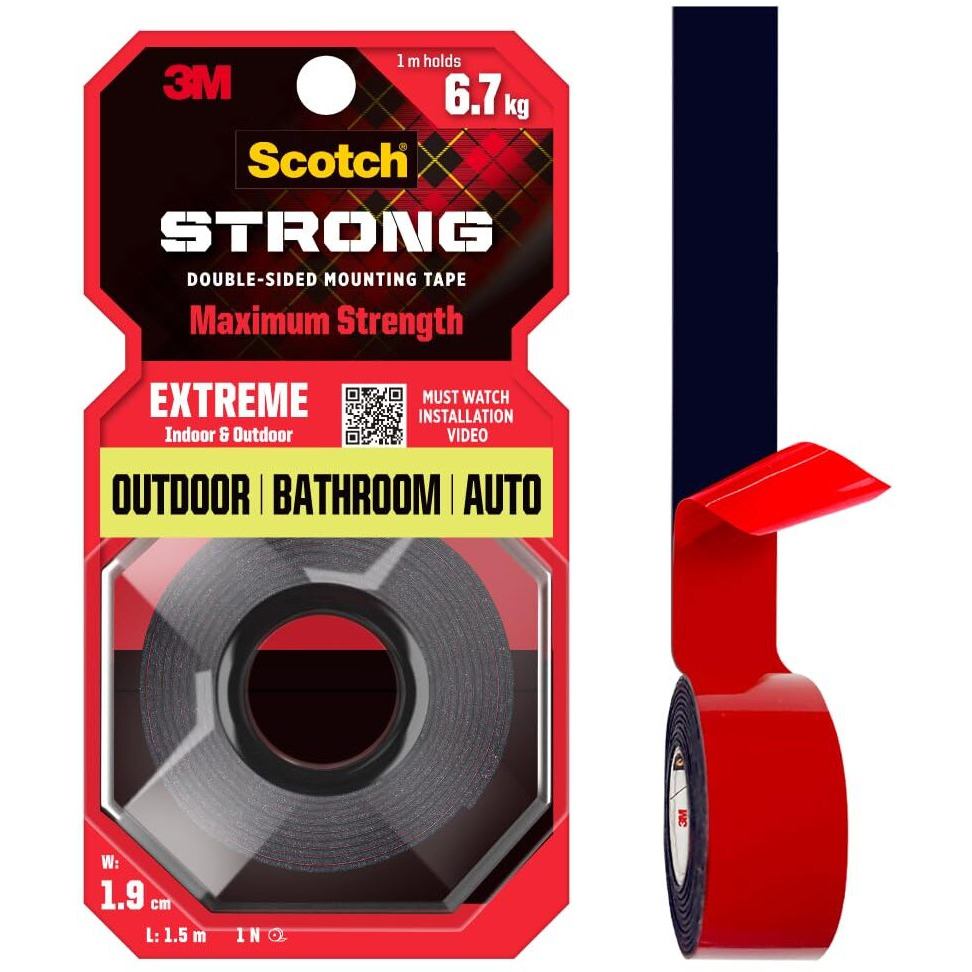Scotch 3M Scotch Extreme Double Sided Tape, 1M Holds 6.7Kg, Works On Uneven Surfaces, Weather Resistant, Works On Indoor, Outdoor, Auto Interior Surfaces